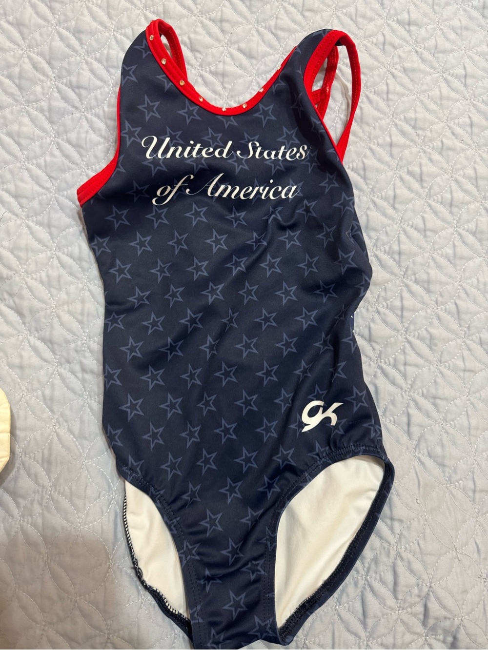 GK Navy One-Piece Gymnastics Leotard with Red Trim